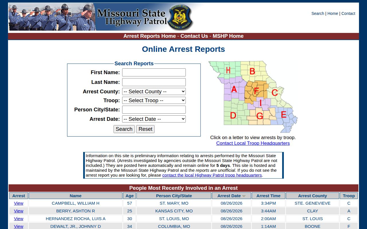 Shelby County Missouri Highway Patrol recent arrest search controls